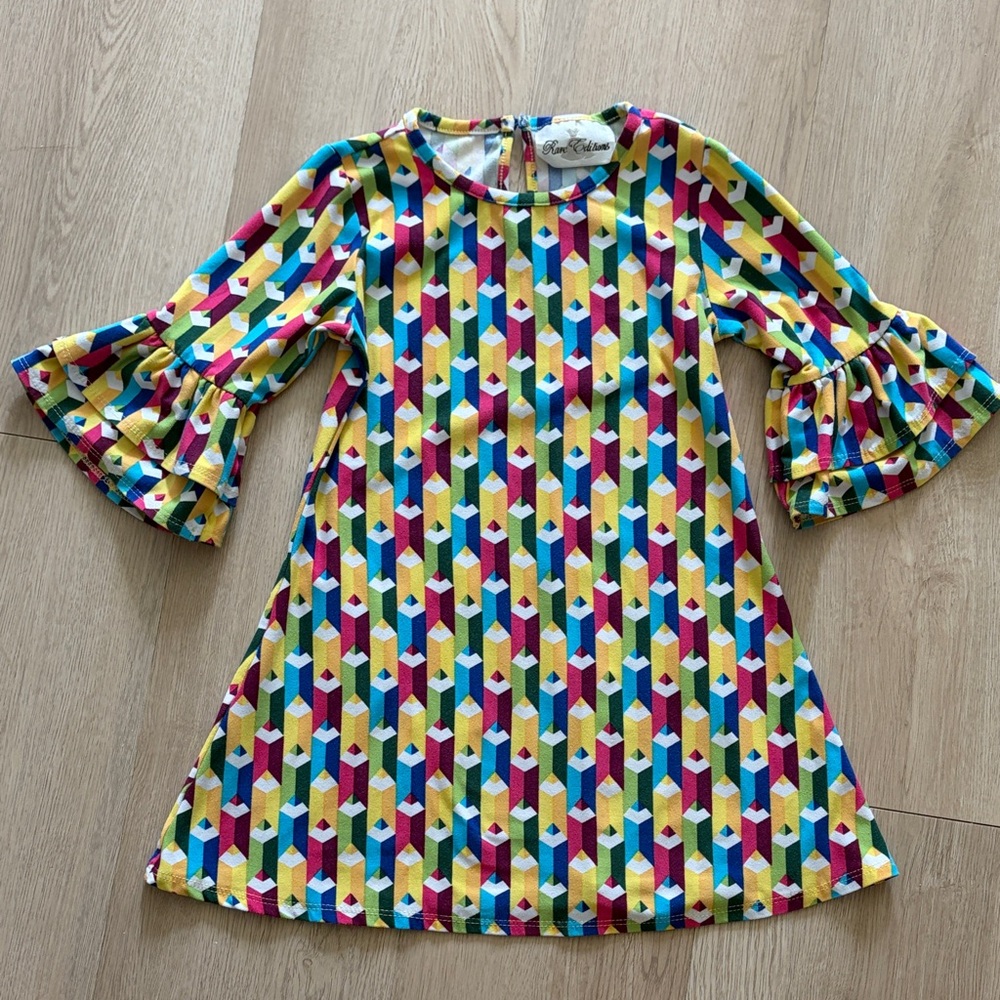 3T Geometric Colored Pencil Pattern Bell-Sleeve Dress
